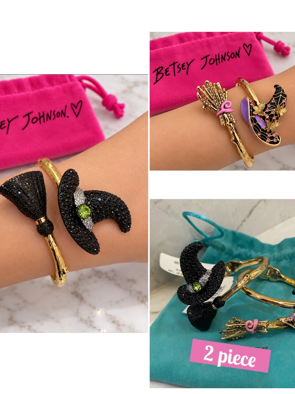 Betsey Johnson Black, Gold & Green Witch Hat and Broom Bracelet Set